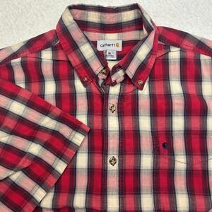 Carhartt Shirt Mens XL Plaid Button Up Short Sleeve Lightweight Cotton Red White
